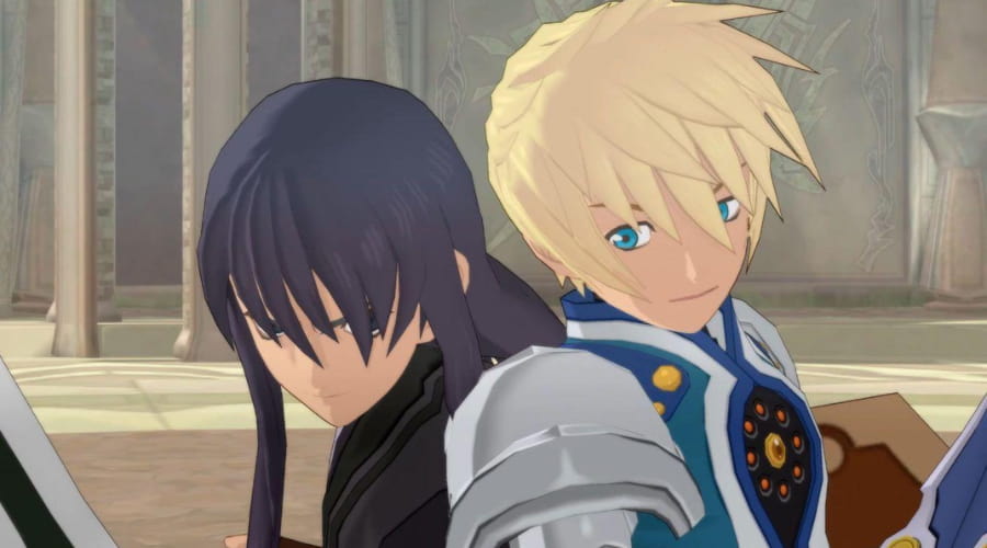 Dos personajes del videojuego Tales of Vesperia, Yuri y Flynn, posando de espaldas en un entorno medieval, destacando su vínculo y ambientación del juego.